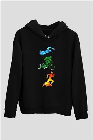 Triathlon Baskılı Unisex Siyah Kapüşonlu Sweatshirt