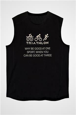 Triathlon Baskılı Unisex Siyah Kolsuz Tişört