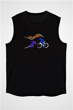 Triathlon Baskılı Unisex Siyah Kolsuz Tişört