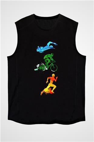 Triathlon Baskılı Unisex Siyah Kolsuz Tişört