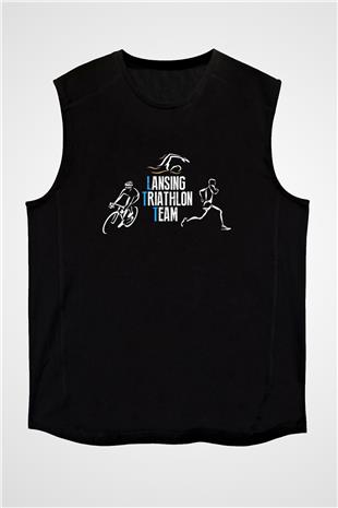 Triathlon Baskılı Unisex Siyah Kolsuz Tişört