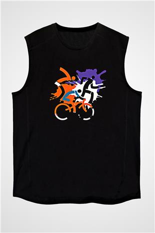 Triathlon Baskılı Unisex Siyah Kolsuz Tişört