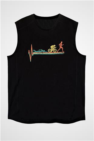 Triathlon Baskılı Unisex Siyah Kolsuz Tişört