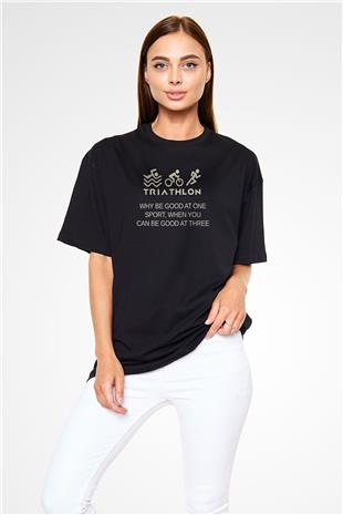 Triathlon Baskılı Unisex Siyah Oversize Tişört
