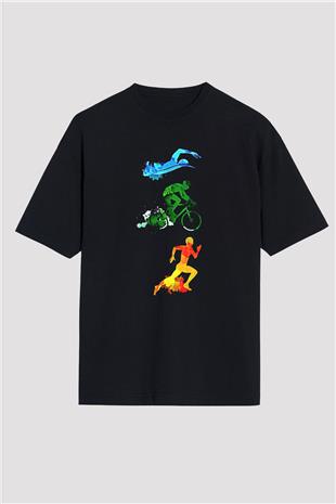 Triathlon Baskılı Unisex Siyah Oversize Tişört