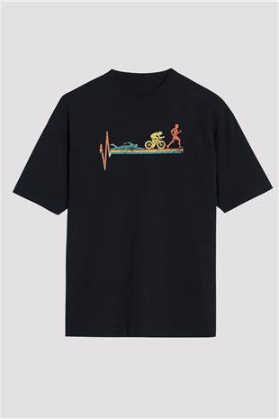 Triathlon Baskılı Unisex Siyah Oversize Tişört