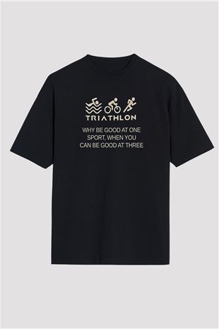 Triathlon Baskılı Unisex Siyah Oversize Tişört