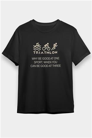 Triathlon Baskılı Unisex Siyah Tişört - Tshirt