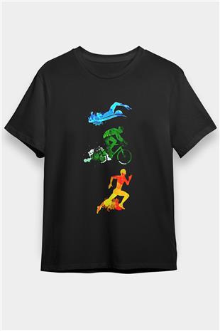 Triathlon Baskılı Unisex Siyah Tişört - Tshirt