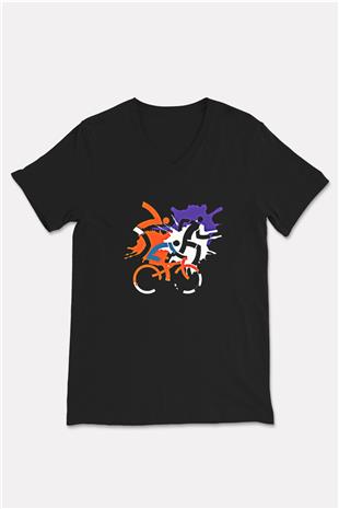 Triathlon Baskılı Unisex Siyah V Yaka Tişört