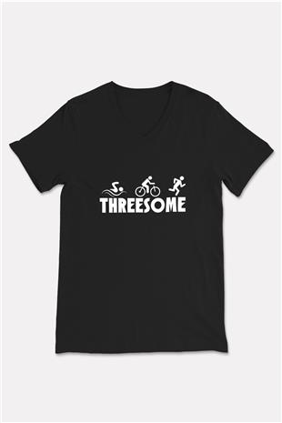 Triathlon Baskılı Unisex Siyah V Yaka Tişört