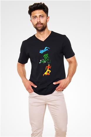 Triathlon Baskılı Unisex Siyah V Yaka Tişört