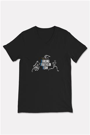 Triathlon Baskılı Unisex Siyah V Yaka Tişört