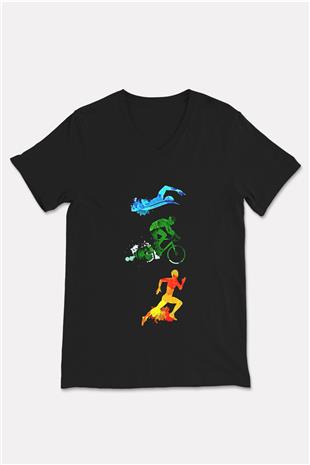 Triathlon Baskılı Unisex Siyah V Yaka Tişört
