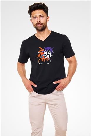Triathlon Baskılı Unisex Siyah V Yaka Tişört