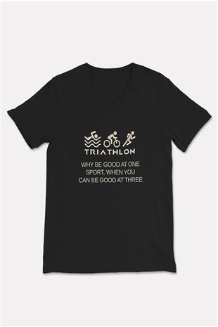 Triathlon Baskılı Unisex Siyah V Yaka Tişört