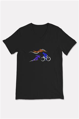 Triathlon Baskılı Unisex Siyah V Yaka Tişört