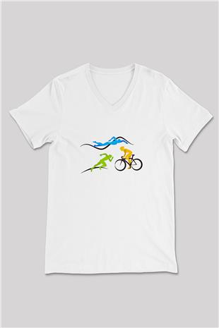 Triathlon Baskılı Unisex V Yaka Tişört - Tshirt