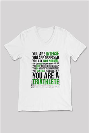 Triathlon Baskılı Unisex V Yaka Tişört - Tshirt