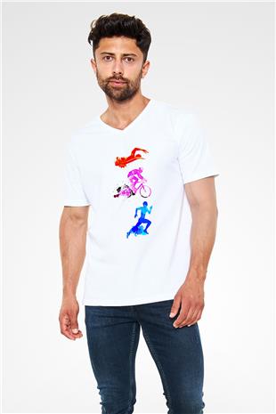 Triathlon Baskılı Unisex V Yaka Tişört - Tshirt