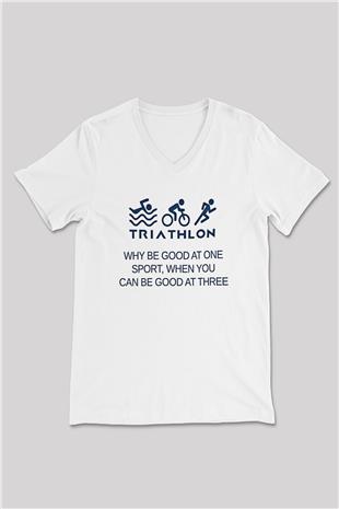 Triathlon Baskılı Unisex V Yaka Tişört - Tshirt
