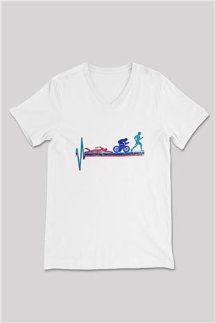 Triathlon Baskılı Unisex V Yaka Tişört - Tshirt