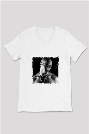 Tupac Baskılı Beyaz V Yaka Unisex Tişört