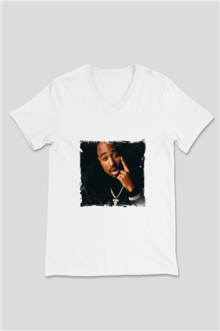 Tupac Baskılı Beyaz V Yaka Unisex Tişört