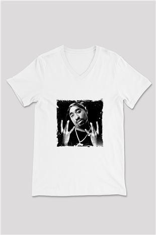 Tupac Baskılı Beyaz V Yaka Unisex Tişört
