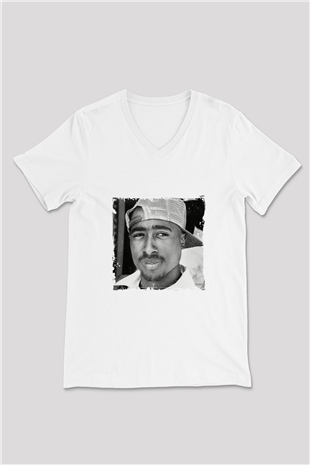 Tupac Baskılı Beyaz V Yaka Unisex Tişört