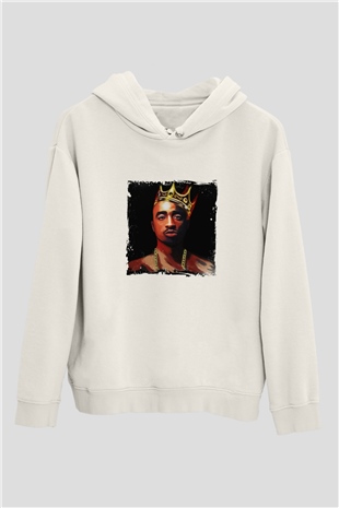 Tupac Baskılı Unisex Beyaz Kapüşonlu Sweatshirt