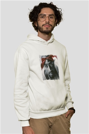 Tupac Baskılı Unisex Beyaz Kapüşonlu Sweatshirt
