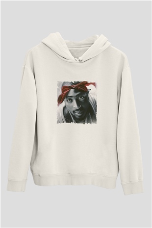 Tupac Baskılı Unisex Beyaz Kapüşonlu Sweatshirt