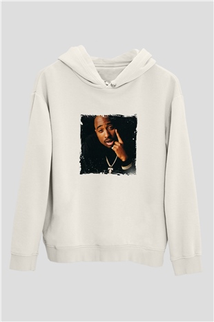 Tupac Baskılı Unisex Beyaz Kapüşonlu Sweatshirt