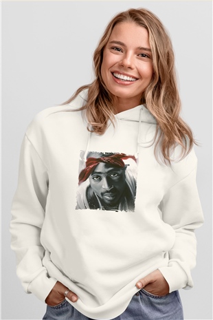 Tupac Baskılı Unisex Beyaz Kapüşonlu Sweatshirt
