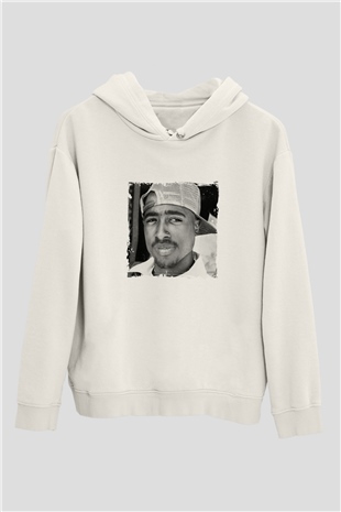 Tupac Baskılı Unisex Beyaz Kapüşonlu Sweatshirt
