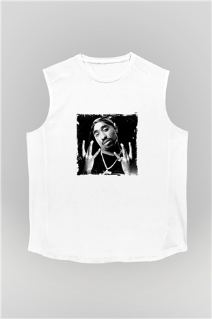 Tupac Baskılı Unisex Beyaz Kolsuz Tişört