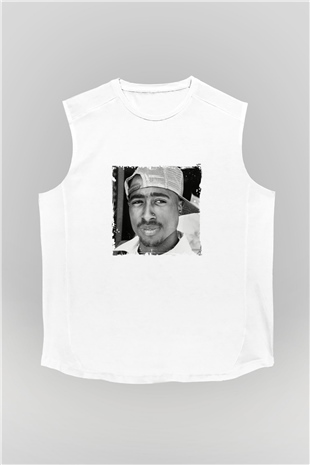 Tupac Baskılı Unisex Beyaz Kolsuz Tişört