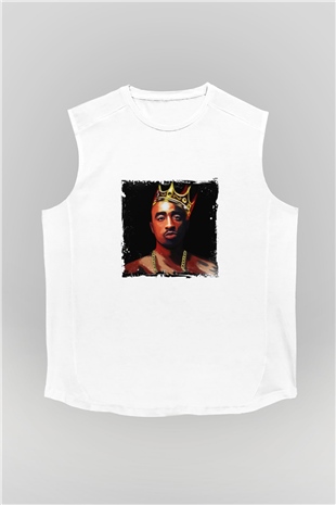 Tupac Baskılı Unisex Beyaz Kolsuz Tişört