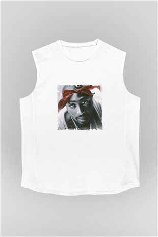Tupac Baskılı Unisex Beyaz Kolsuz Tişört