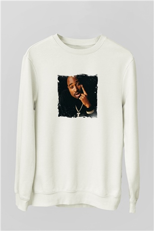 Tupac Baskılı Unisex Beyaz Sweatshirt