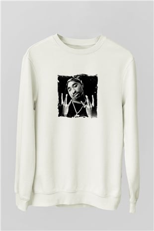 Tupac Baskılı Unisex Beyaz Sweatshirt