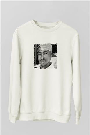 Tupac Baskılı Unisex Beyaz Sweatshirt