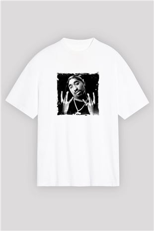Tupac Baskılı Oversize Beyaz Tişört