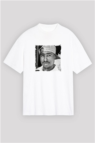 Tupac Baskılı Oversize Beyaz Tişört