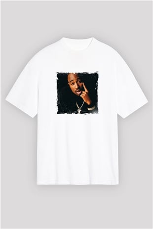 Tupac Baskılı Oversize Beyaz Tişört