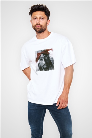 Tupac Baskılı Oversize Beyaz Tişört