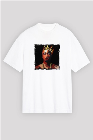 Tupac Baskılı Oversize Beyaz Tişört