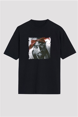 Tupac Baskılı Unisex Oversize Siyah Tişört