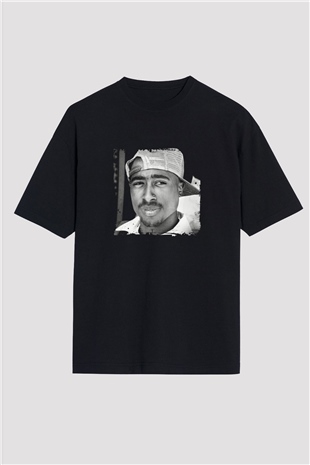 Tupac Baskılı Unisex Oversize Siyah Tişört